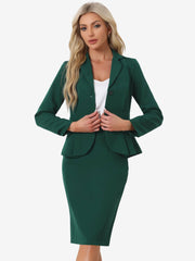 2 Piece Long Sleeve Notched Lapel Peplum Blazer Pencil Skirt Suit Set