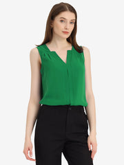 Sleeveless Work Top Pleated Chiffon V Neck Blouse
