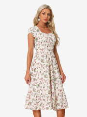Summer Petal Sleeve Boho Floral Print Midi Dress