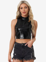 Metallic Crop Tops Mock Neck Zip Up Shiny Holographic Tank Top