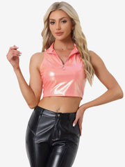Metallic Crop Tops Mock Neck Zip Up Shiny Holographic Tank Top