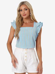 Summer Gingham Tops Square Neck Ruffle Cap Sleeve Blouse