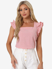 Summer Gingham Tops Square Neck Ruffle Cap Sleeve Blouse