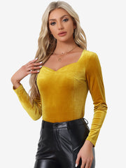 Casual Velvet Long Sleeve Solid Color Sweetheart Neck Blouse
