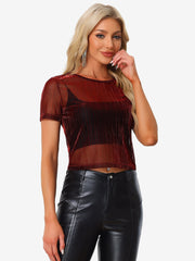Mesh Short Sleeve Mesh Metallic Party See Through Crop Shirt
