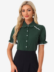 Vintage Peter Pan Collar Blouse Short Sleeve Button Down Shirt