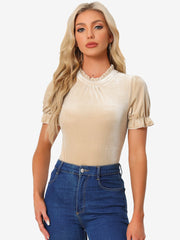 Ruffle Collar Short Cuff Sleeve Velvet Tops Blouse
