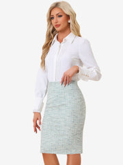 High Waist Split Office Pencil Plaid Tweed Midi Skirt