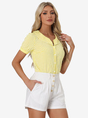 Plaid Blouse Puff Sleeve Ruffle Peter Pan Collar Shirt Top