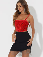 Sequined Velvet Spaghetti Strap Club Party Cropped Cami Top