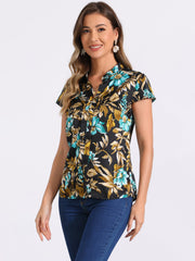 Satin Work Floral Vintage Stand Collar Cap Sleeve Blouse