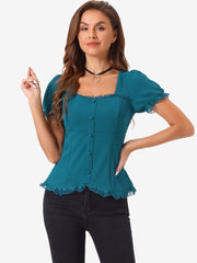 Sweetheart Neck Puff Short Sleeve Lace Up Gothic Blouse
