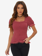 Sweetheart Neck Puff Short Sleeve Lace Up Gothic Blouse