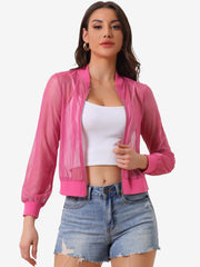 Sheer Mesh Shiny Long Sleeve See Through Zip Up Jacket