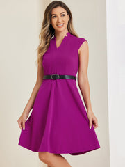 Office V Neck Work Sleeveless A-line Midi Solid Belted Dress