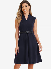 Office V Neck Work Sleeveless A-line Midi Solid Belted Dress