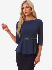 3/4 Sleeve Belted Peplum Elegant Business Work Blouse