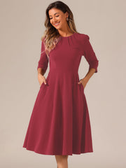 3/4 Sleeve Pleated Round Neck Pocketed A-Line Swing Midi Dress