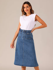 Casual High Waisted Flap Pocket A-Line Long Denim Jean Skirt