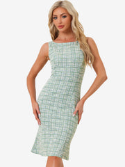 Tweed Sleeveless Elegant Plaid Midi Fishtail Dress