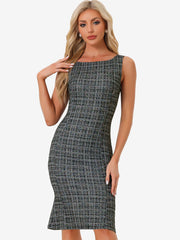 Tweed Sleeveless Elegant Plaid Midi Fishtail Dress