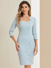 Elegant Square Neck 3/4 Sleeve Plaid Tweed Sheath Dress