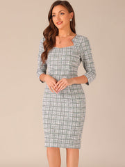 Elegant Square Neck 3/4 Sleeve Plaid Tweed Sheath Dress