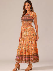Boho Floral Off Shoulder Puff Sleeves Maxi Smocked Dress
