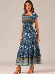 Boho Floral Off Shoulder Puff Sleeves Maxi Smocked Dress