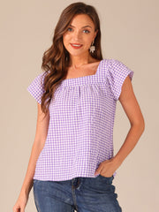 Square Neck Short Sleeves Gingham Plaid Blouse