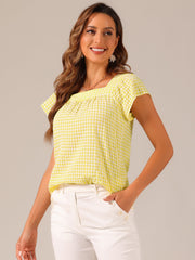Square Neck Short Sleeves Gingham Plaid Blouse