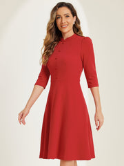 Retro 3/4 Sleeve Stand Collar Office Work Elegant A-Line Dress