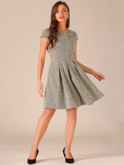 Plaid Tweed Round Neck Cap Sleeve A-Line Vintage Pleated Dress