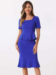 2PCS Square Neck Peplum Blouse Fishtail Bodycon Skirt Business Set