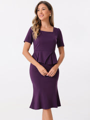 2PCS Square Neck Peplum Blouse Fishtail Bodycon Skirt Business Set
