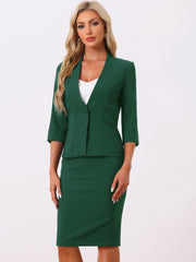 2 Pieces Collarless 3/4 Sleeves Blazer and Pencil Skirt Office Work Business Suit Set