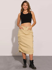 Midi Skirt Flap Pocket Back Slit Drawstring Cargo Skirt