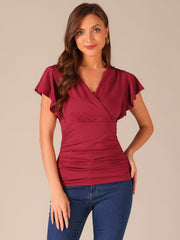 Faux Wrap Blouse Summer V Neck Ruffle Sleeve Casual Top Blouse