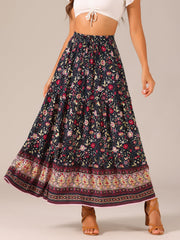 Boho Casual Bohemian Floral Printed Elastic Waist Maxi Skirt