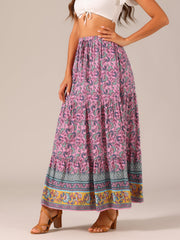 Boho Casual Bohemian Floral Printed Elastic Waist Maxi Skirt