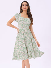 Summer Petal Sleeve Boho Floral Print Midi Dress