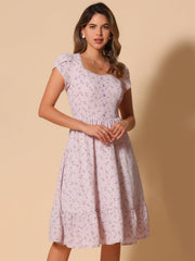 Summer Petal Sleeve Boho Floral Print Midi Dress
