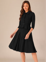2 Piece 3/4 Sleeve Cropped Belted Blazer and Pleated Skirt Business Suit Sets