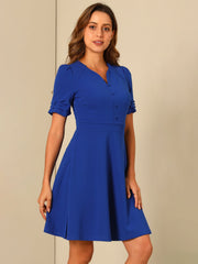 Elegant Short Puff Sleeve V Neck A-Line Zipper Side Office Dress