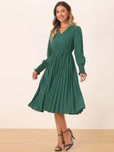 Smocked Long Sleeve Flowy A-Line Midi Pleated Dress