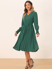 Smocked Long Sleeve Flowy A-Line Midi Pleated Dress