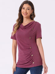 Cowl Neck Short Sleeve Casual Basic Solid Knitted Buttons Decor Ruched Top