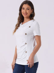Cowl Neck Short Sleeve Casual Basic Solid Knitted Buttons Decor Ruched Top