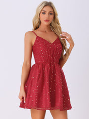 Spaghetti Strap Organza Fit and Flare Party Metallic Stars Mini Dress