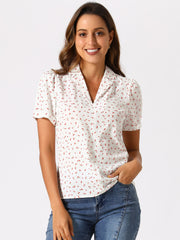 Short Sleeve Casual Cherry Print Notched Lapel Collar Shirt Blouse
